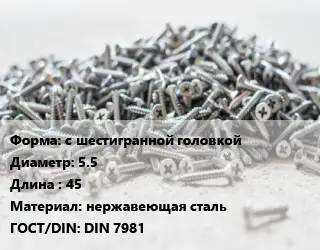 Шуруп с шестигранной головкой 5.5х45 нержавеющая сталь ГОСТ: DIN 7981